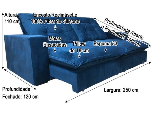 Sofá Retrátil 2.50 m - Modelo Porto Alegre - Azul 325
